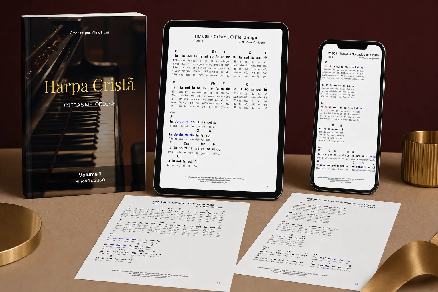 Mockup do ebook Harpa Cristã Volume 1 em livro, tablet e celular com páginas reais das cifras melódicas